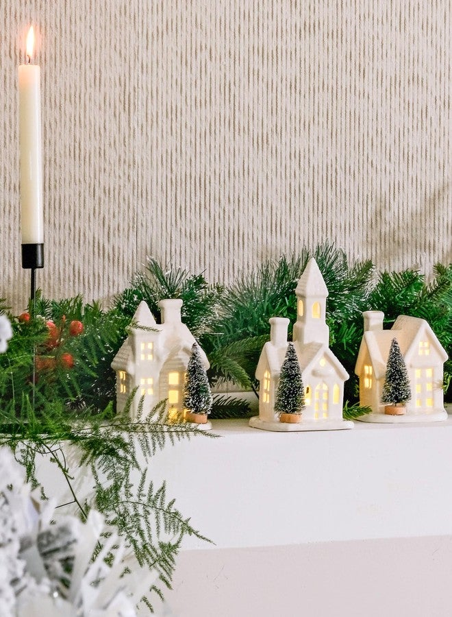 DN DECONATION Light up Christmas Decor Ceramic Village Houses, 3Pcs White Christmas Porcelain Villages with Frosted Trees, Holiday House Figurines Xmas Village Sets for Winter Table Decoration Indoor - Image 5